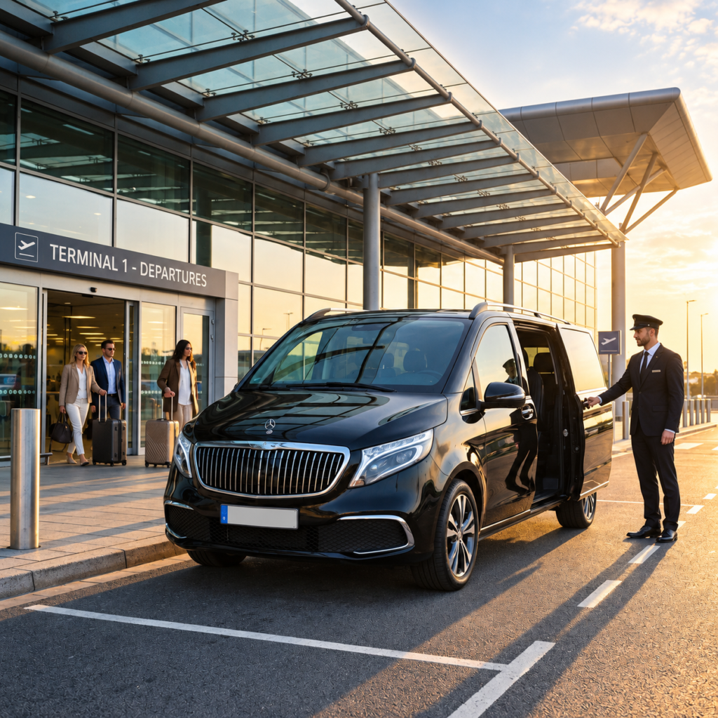 Private airport transfer vehicle with chauffeur at an airport terminal