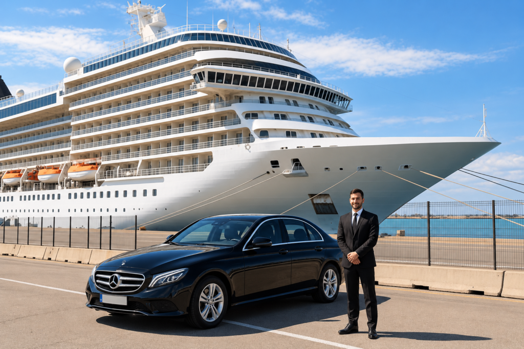 Private chauffeur and vehicle beside a cruise ship in Italy