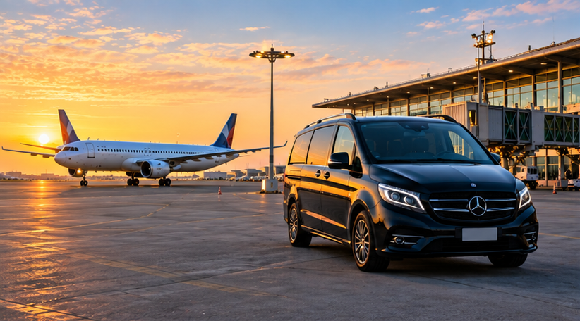 Private chauffeur vehicle at an Italian airport with passenger aircraft