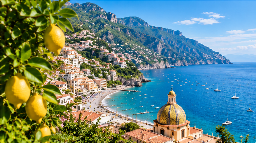 Sunny coastal landscape on the Amalfi Coast in Italy
